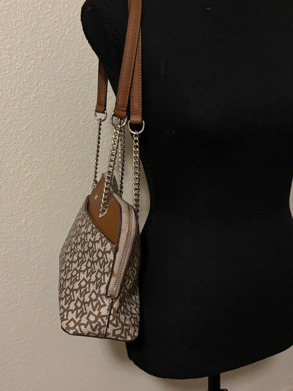 DKNY Brown Tan Monogram Chain-Handle Shoulder Bag
